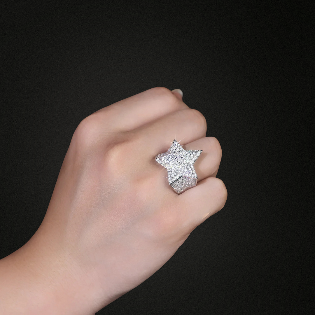 Certified Solid Silver Star Fashion Full Moissanite Ring